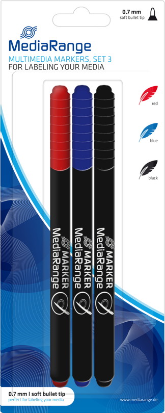 3 Mediarange Marker f�r BD / CD / DVD blau, rot, schwarz
