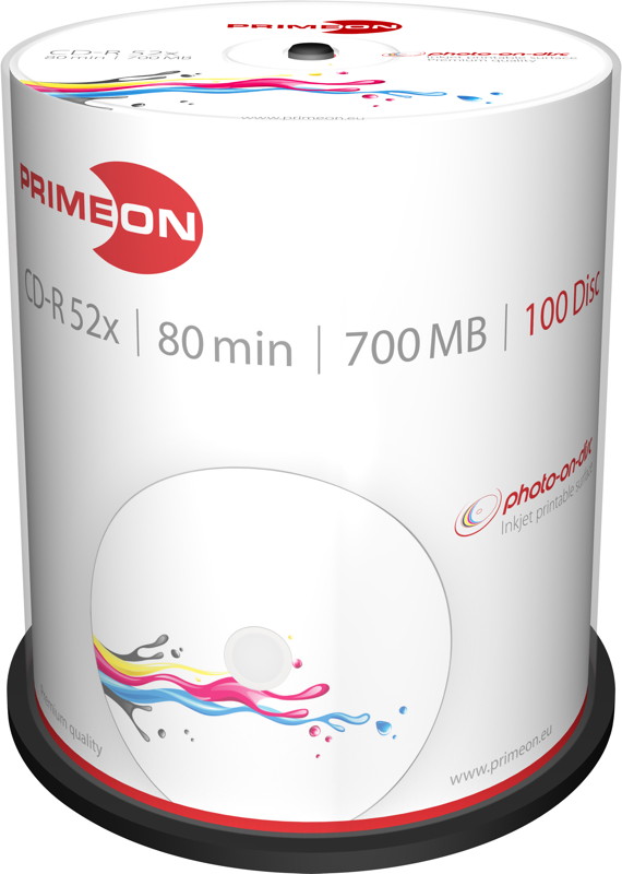 100 Primeon Rohlinge CD-R full printable photo on disc 80Min 700MB 52x Spindel