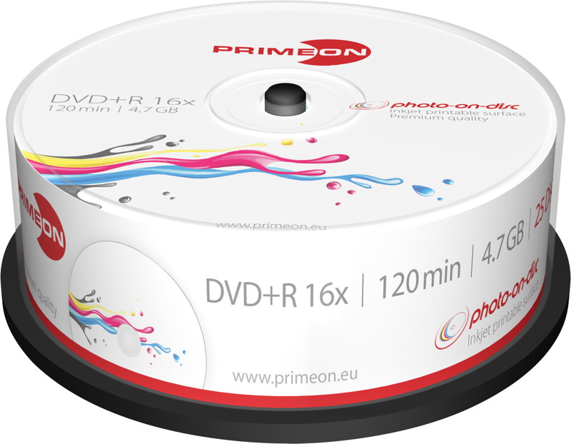 25 Primeon Rohlinge DVD+R full printable photo on disc 4,7GB 16x Spindel