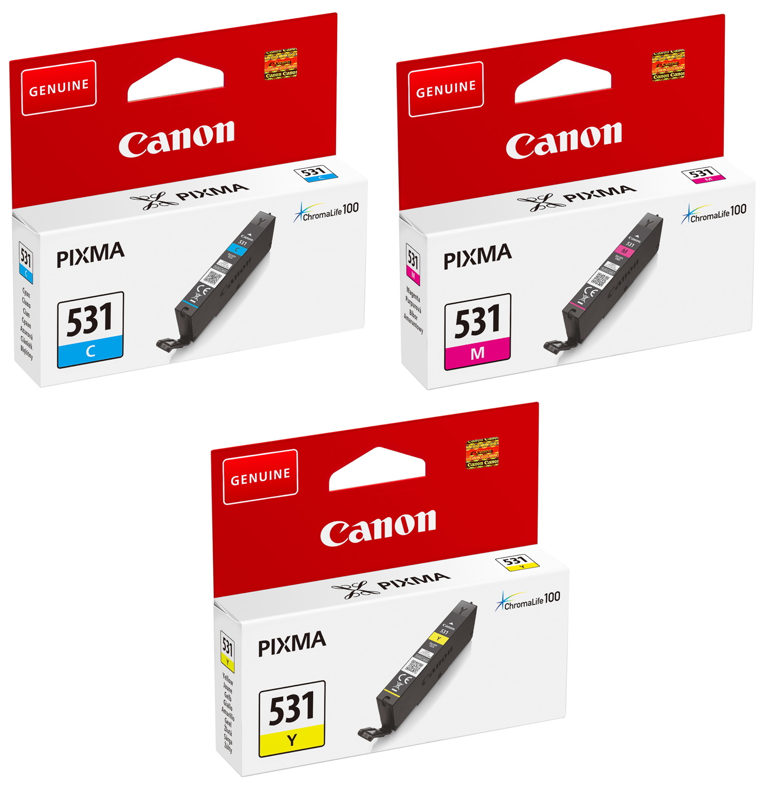 3 Canon Druckerpatronen Tinte CLI-531 C / M / Y Multipack