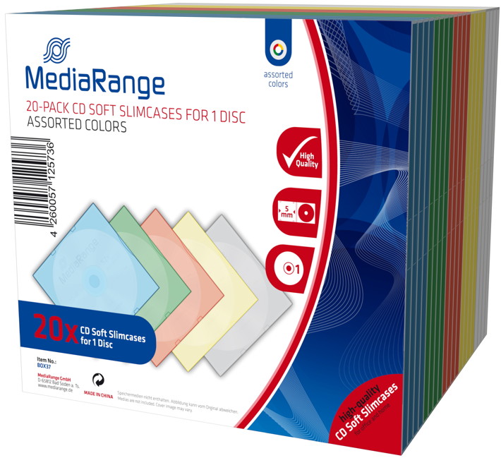 200 Mediarange CD Hüllen 1er Soft Slimcase 5 mm für je 1 BD / CD / DVD farbig