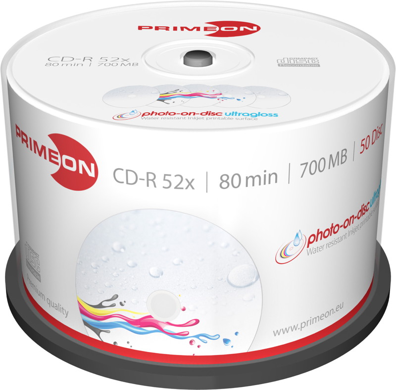 50 Primeon Rohlinge CD-R full printable ultragloss water 80Min 700MB 52x Spindel