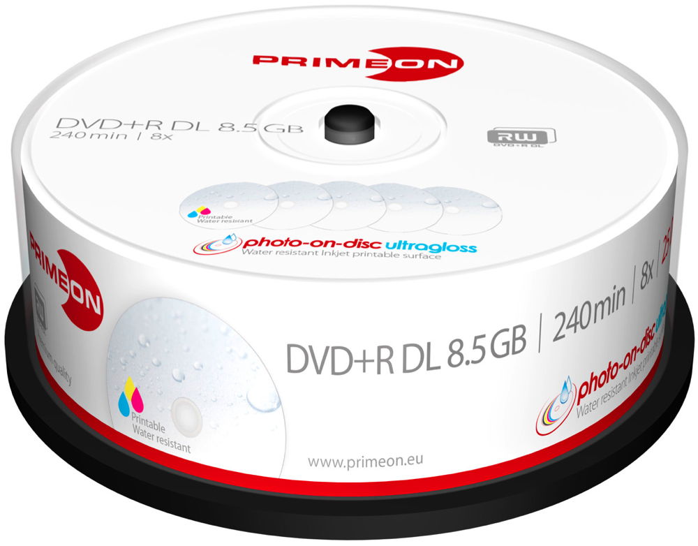 25 Primeon Rohlinge DVD+R Double Layer full printable ultragloss 8,5GB 8x Spindel 25 Primeon Rohlinge DVD+R Double Layer full printable ultragloss 8,5GB 8x Spindel