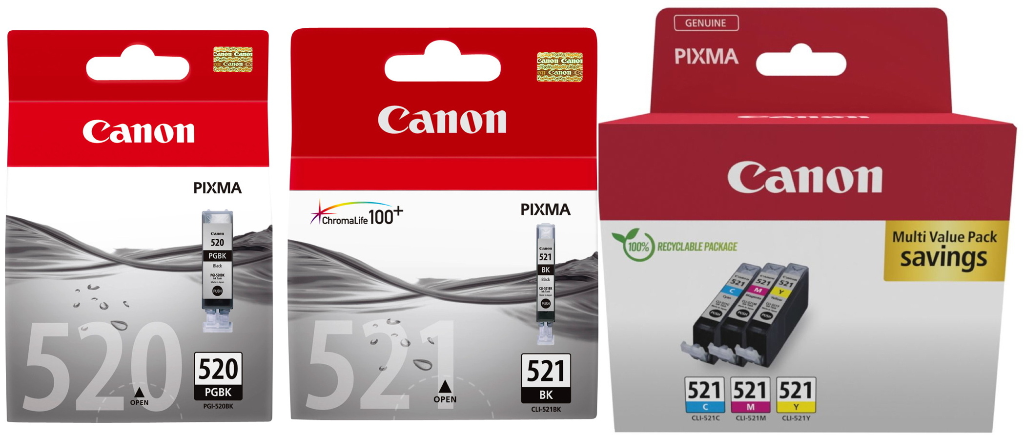 5 Canon Druckerpatronen Tinte PGI-520 BK / CLI-521 BK / C / M / Y Multipack