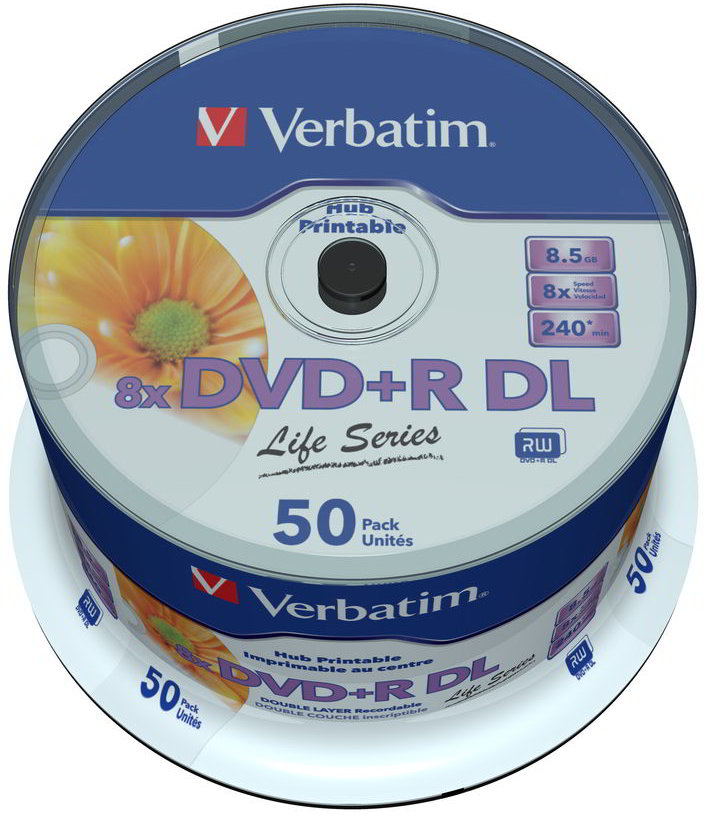 50 Verbatim Rohlinge DVD+R Double Layer full printable Life Series 8,5GB 8x Spindel